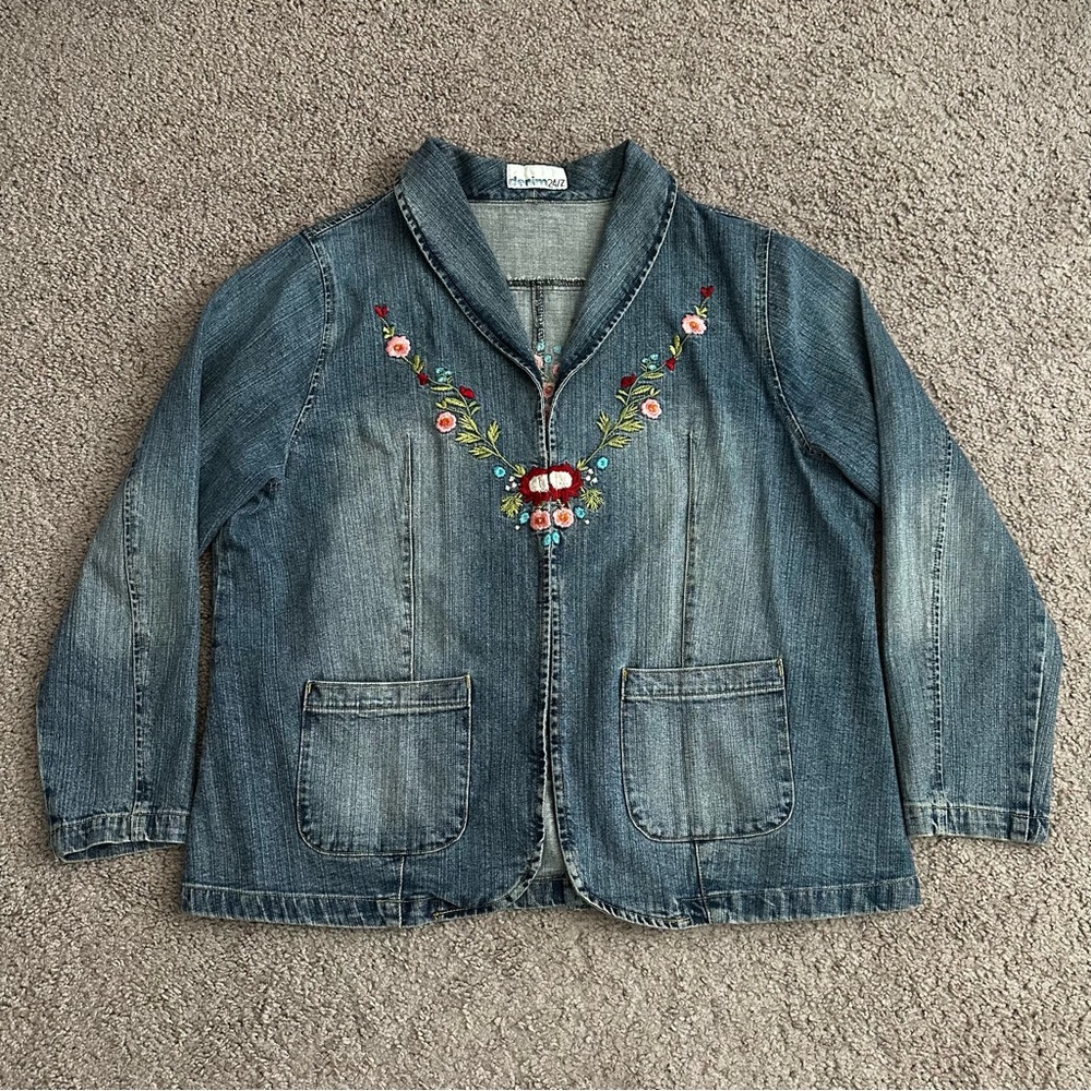 Denim 24/7 Jean Jacket Floral Embroidered Womens 20W